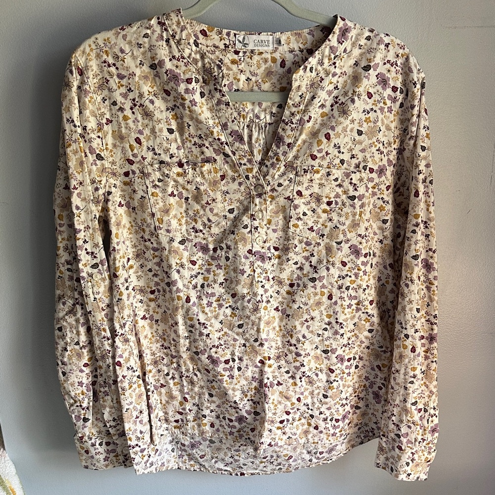 Carve Cream Floral Button-Popover Top with Purple and Mustard Print